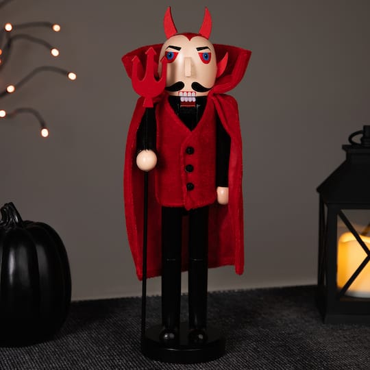 Red Wooden Devil Holding Pitch Fork Halloween Nutcracker